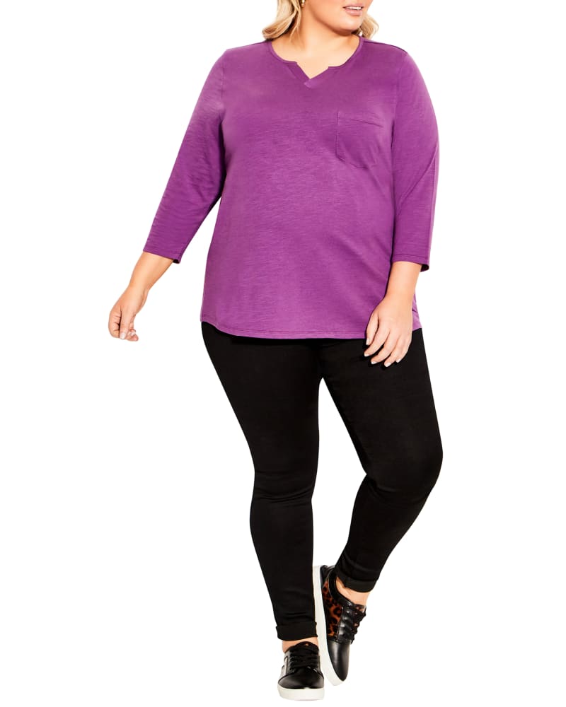 Front of a model wearing a size 16 Cecilia Notch Neck Tee in Lilac by avenue. | dia_product_style_image_id:233463